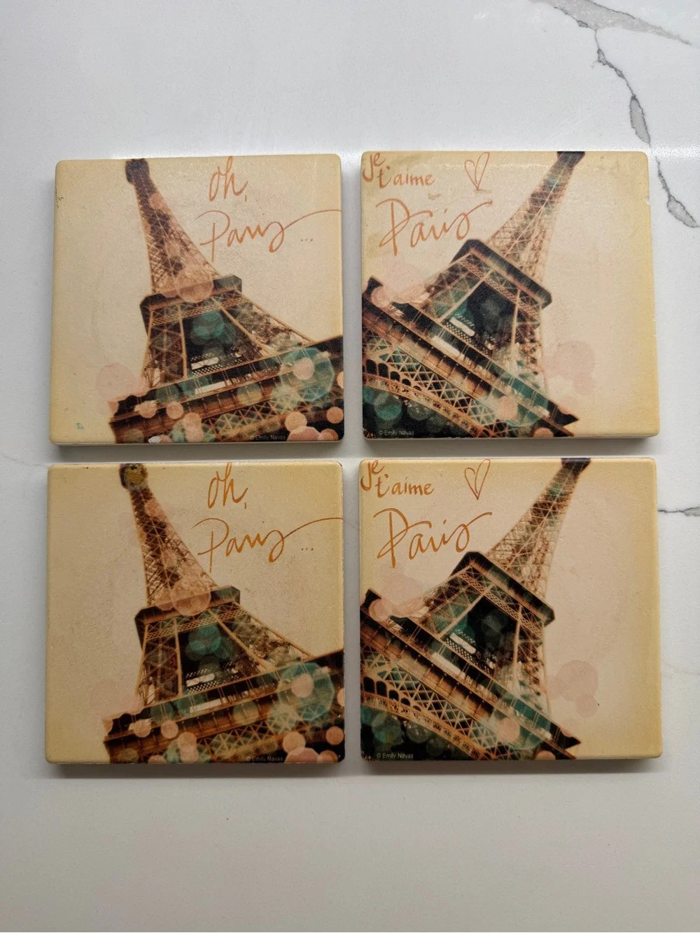Paris Eiffel Tower Decorative Coasters Set of 4— Beige, Teal, Pink